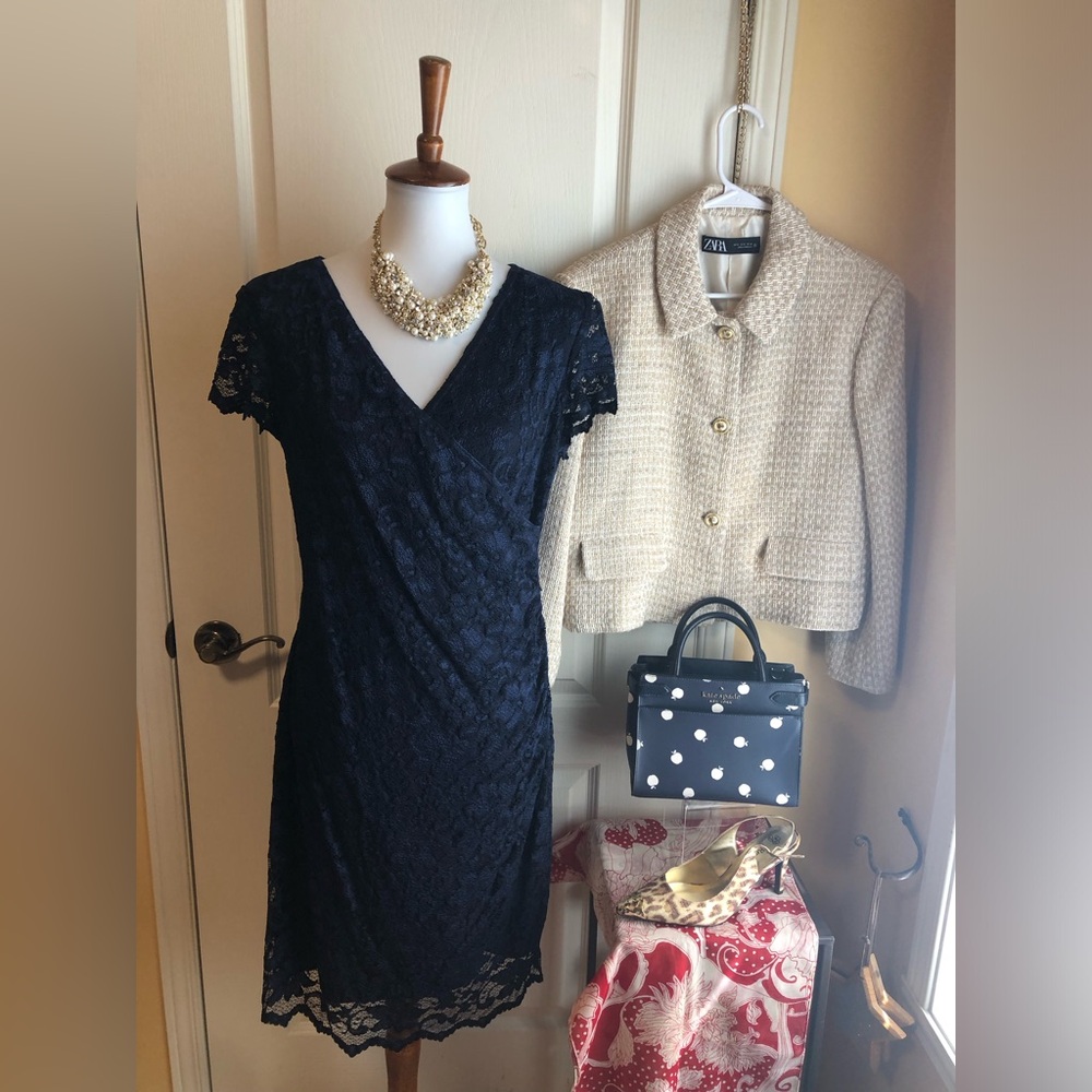 Joseph Ribkoff navy Lace Midi Dress side ruching
